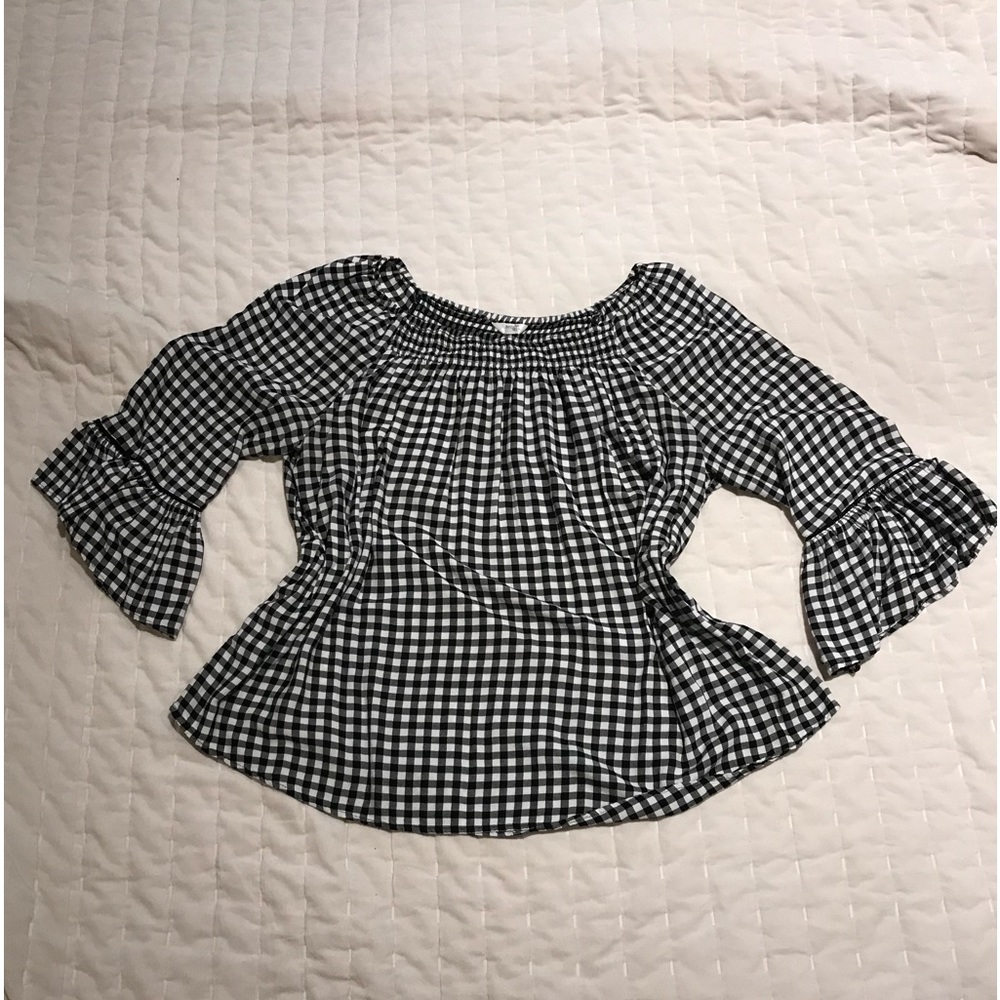 Check peasant top bell sleeves black and white plus size 2x